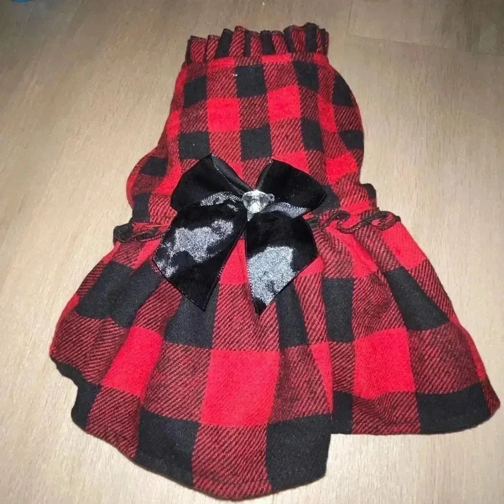 HOLIDAY DOG DRESS BUFFALO PLAID RUFFLE HEM  W BIG BOW & GEMSTONE FOR SMALL DOG